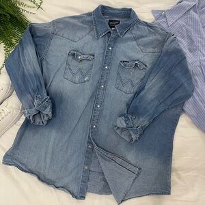 Wrangler Western Denim Snap Shirt XXL Vintage Wash Cowboy Style